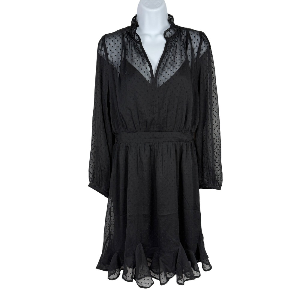 Loft Clipped Dot Mini Dress Womens 4 Sheer‎ Ruffle Long Sleeve Black Party Chic